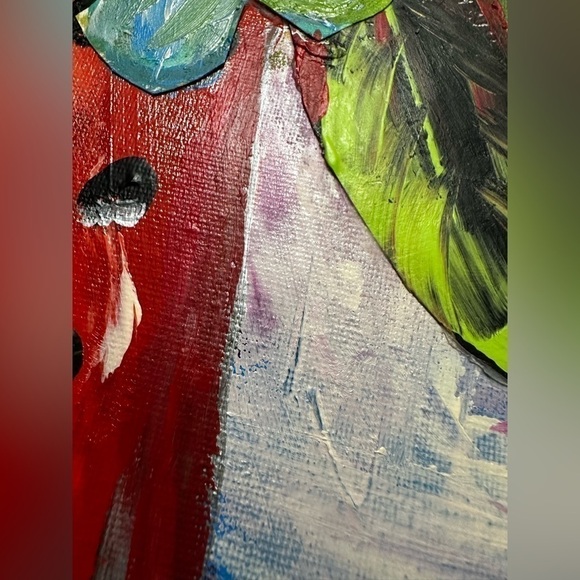 Original Art Painting Mixed Media Acrylic Collage on Canvas Board Red Floral - Picture 5 of 12